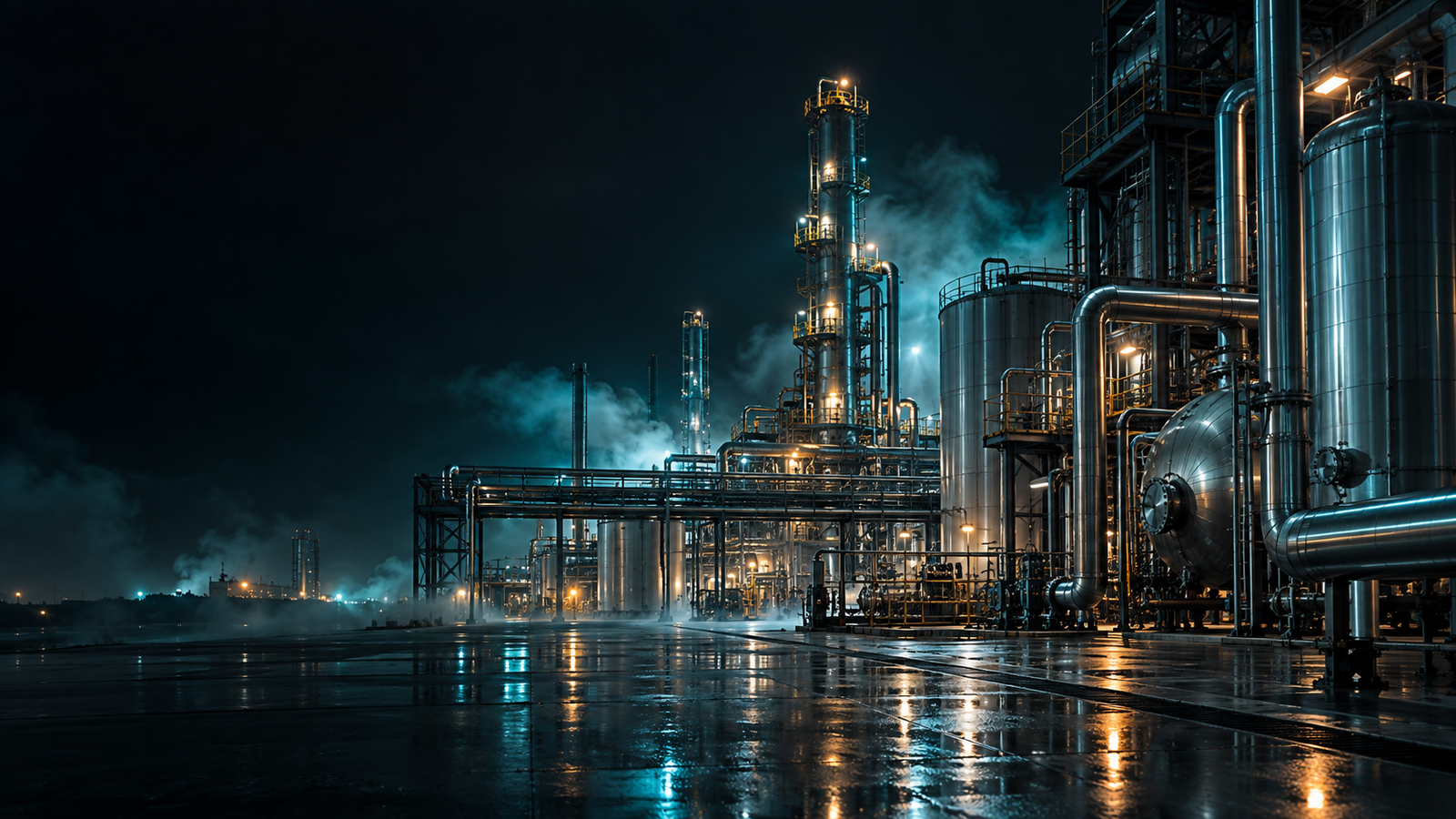 Modern petrochemical facility at night