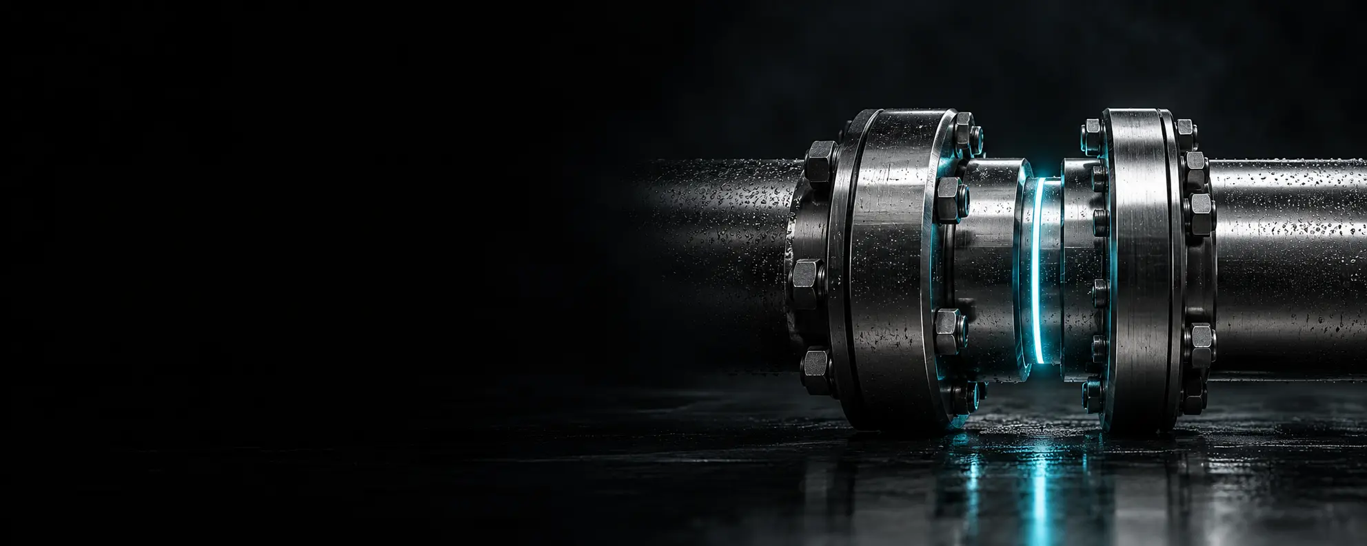 Precision industrial connection illuminated by a restrained turquoise light