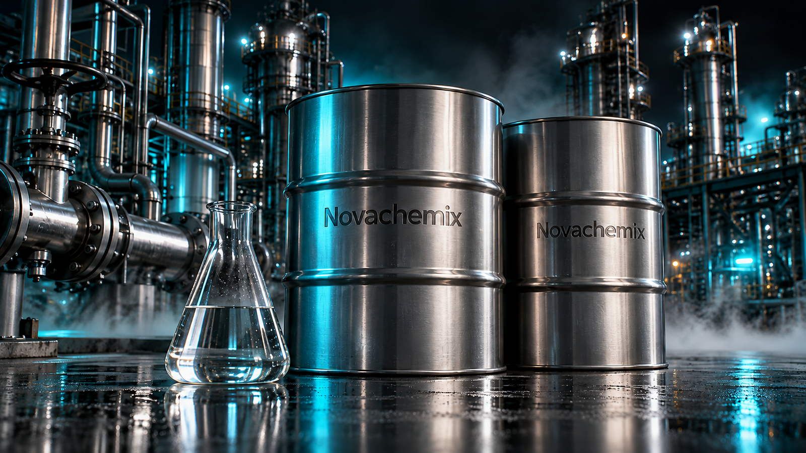 Nova Chemix laser-engraved stainless steel petrochemical drums