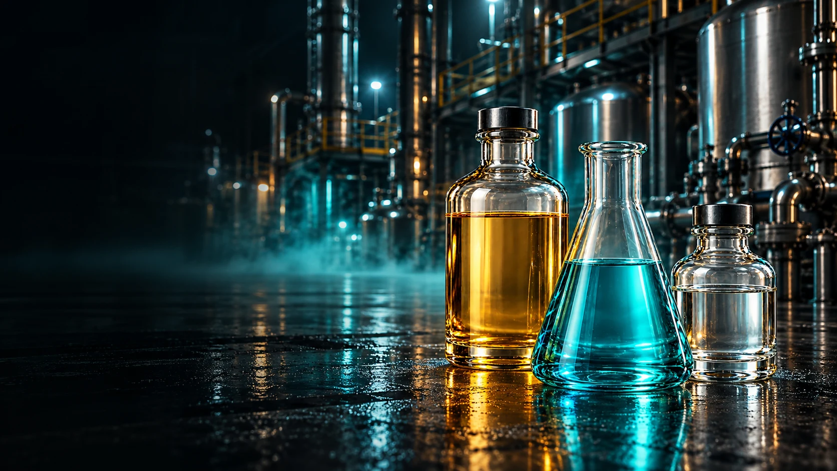 Cinematic industrial solvent vessels in a chemical processing facility